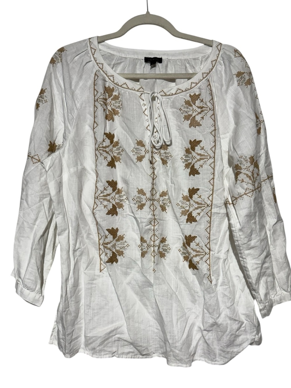 Talbots Linen Cotton Embroidered Blouse Too Size Large  Boho Cottagecore Whote